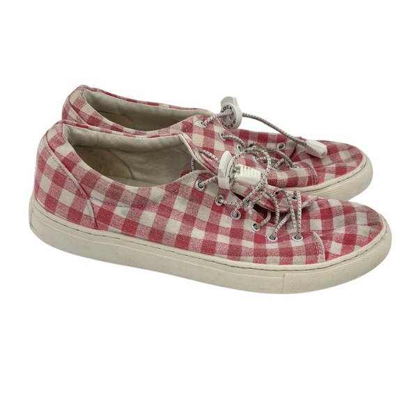 J Crew pink white gingham plaid canvas sneakers casual summer cottage 7 girly - Picture 1 of 6
